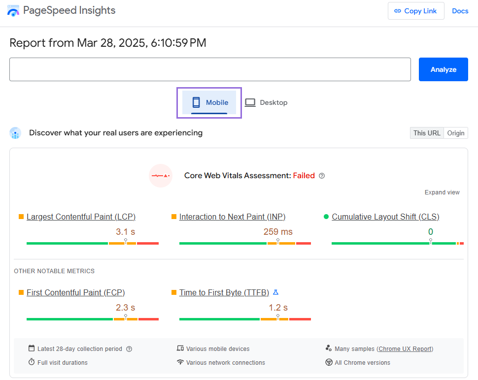 google pagespeed insights psi mobile test