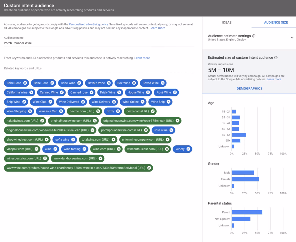 google search ads custom intent audience