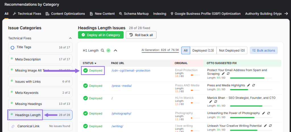 OTTO SEO headings length issues