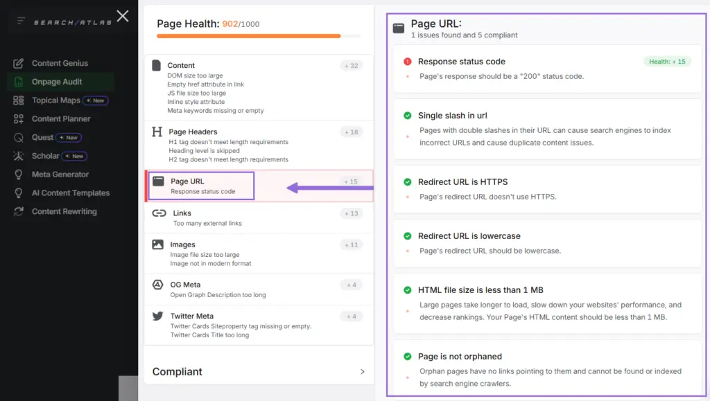 page URL issues in onpage SEO audit