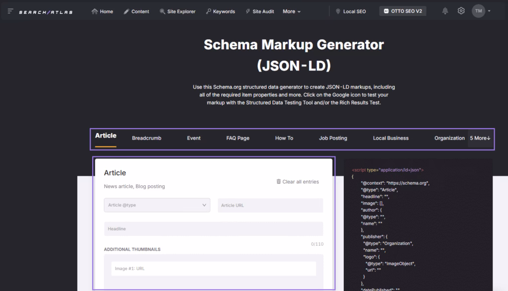 schema markup generator schema types
