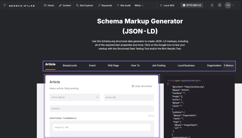 schema markup generator schema types