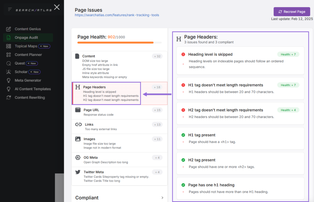 headings issues onpage audit