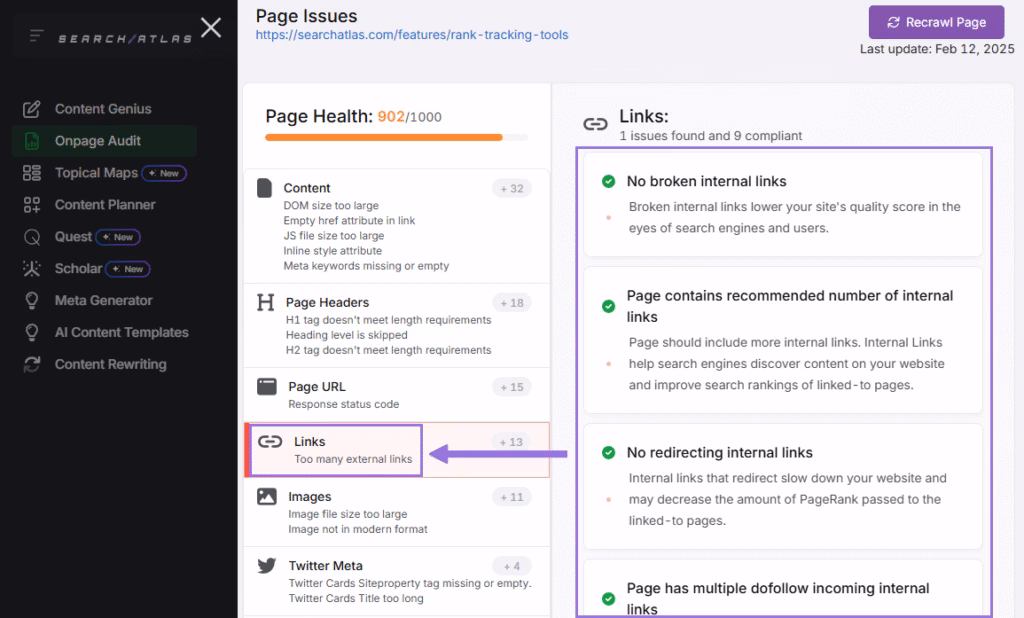 onpage audit issues with links