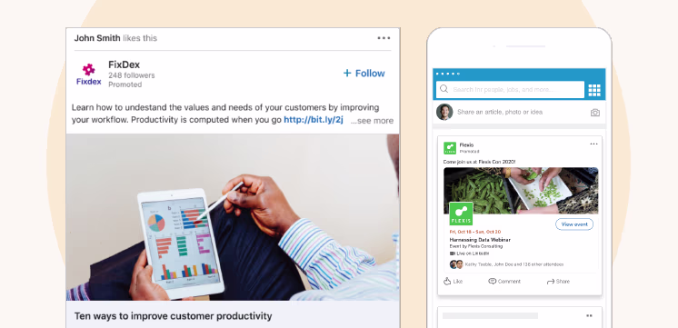 Examples of LinkedIn sponsored ads promoting business productivity and event campaigns on mobile and desktop views