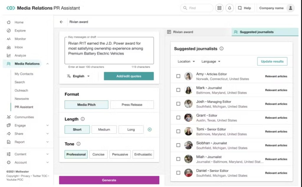 media Relations main dashboard