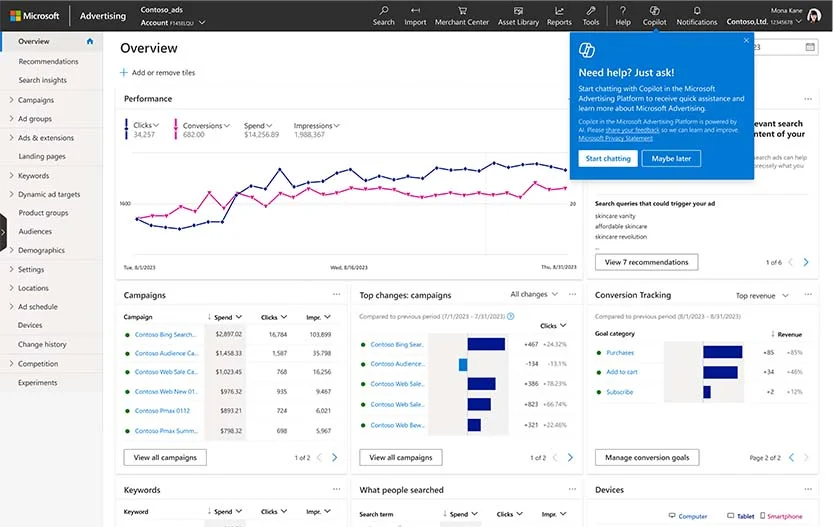 microsoft Advertising dashboard