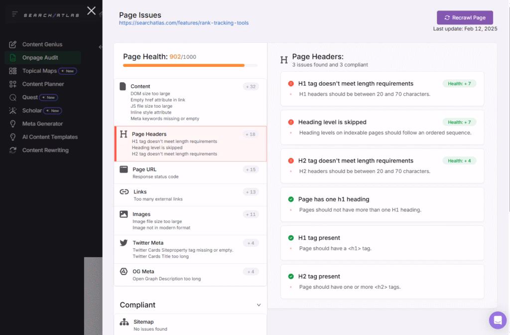 onpage audit tool page headers