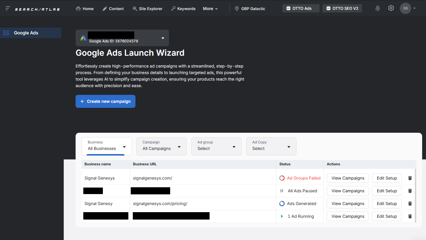otto googler ads launch wizard dashboard