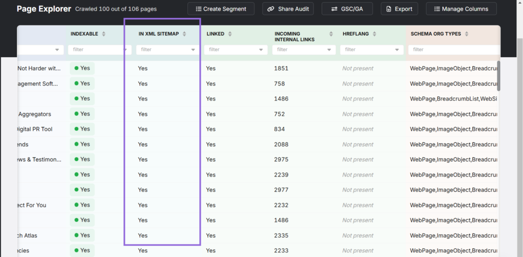 XML check in search atlas page explorer