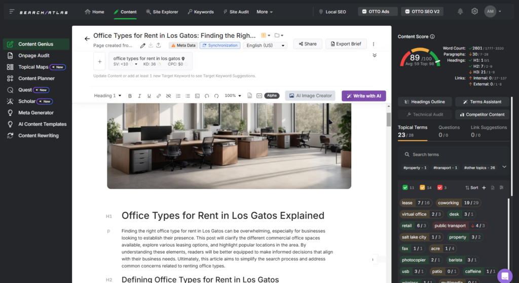 search atlas content genius office types