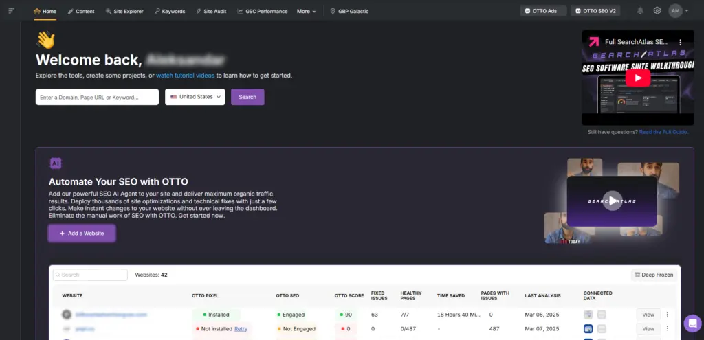 search atlas main dashboard main screen first screen main menu