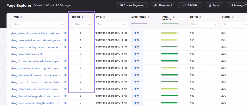 depth of links in page explorer tool