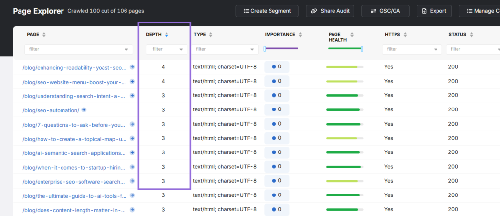 depth of links in page explorer tool