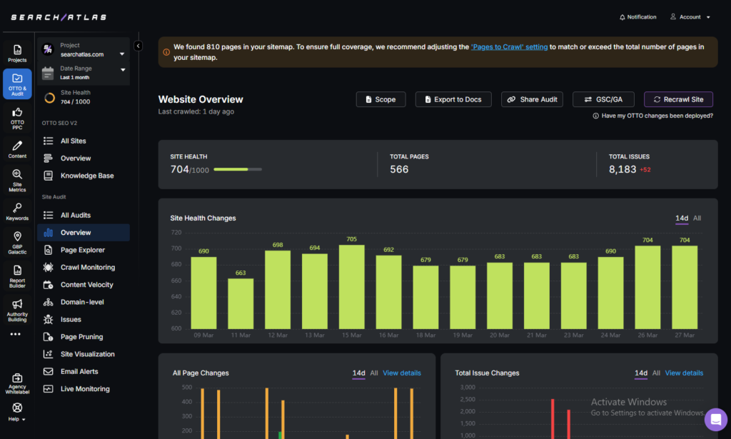 search atlas site audit main dashboard screen website overview site health