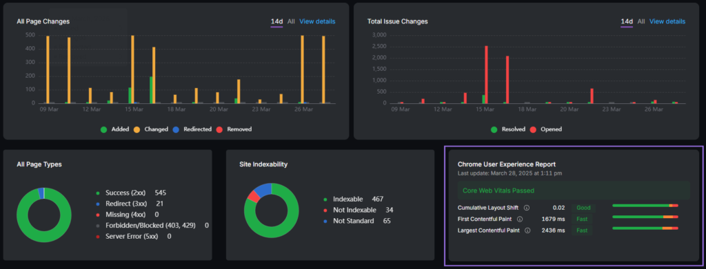 search atlas site audit tool dashboard with core web vitals highlighted