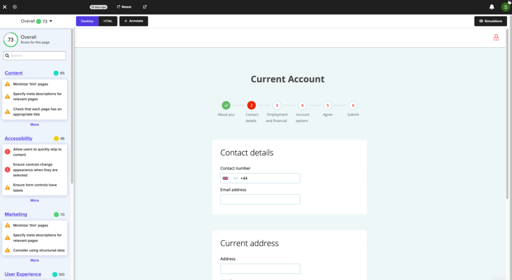silktide dashboard example current account