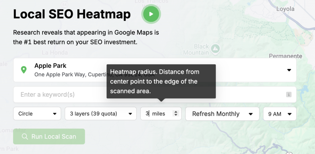 Local SEO Heatmap radius. distance from center point to the edge of the scanned area