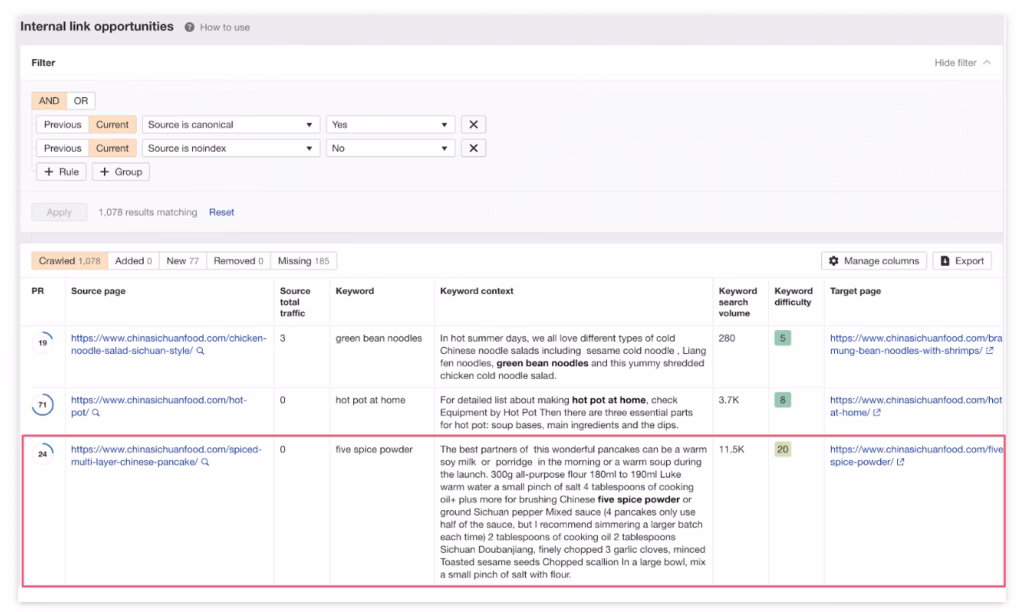 Ahrefs Internal Link Opportunities