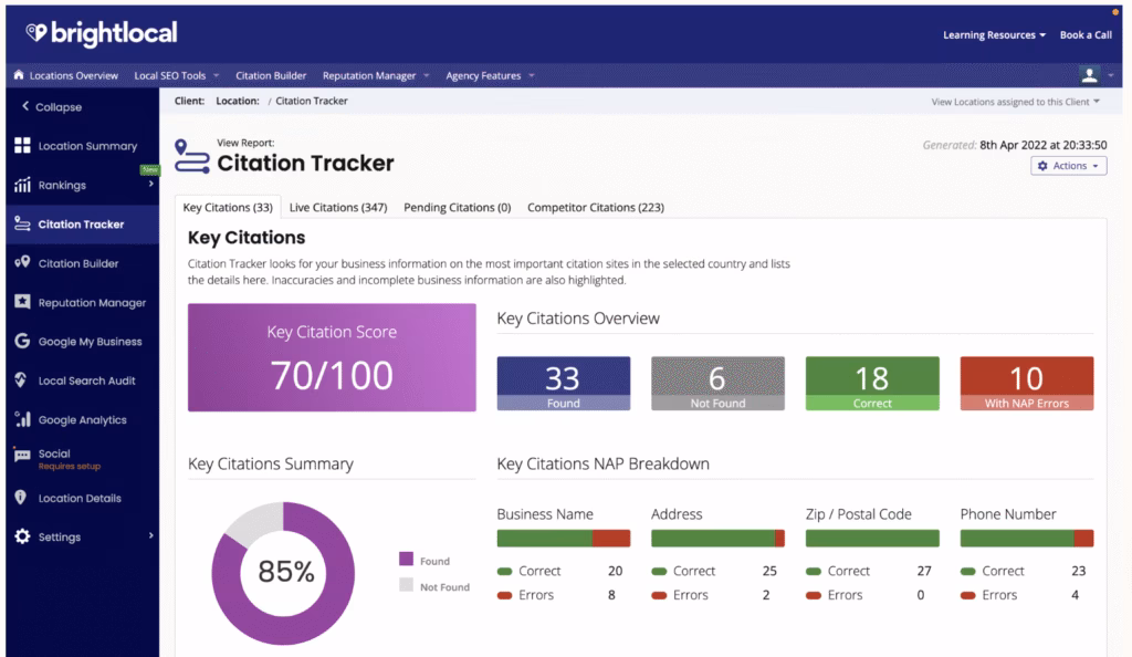 BrightLocal citation tracker - key citations