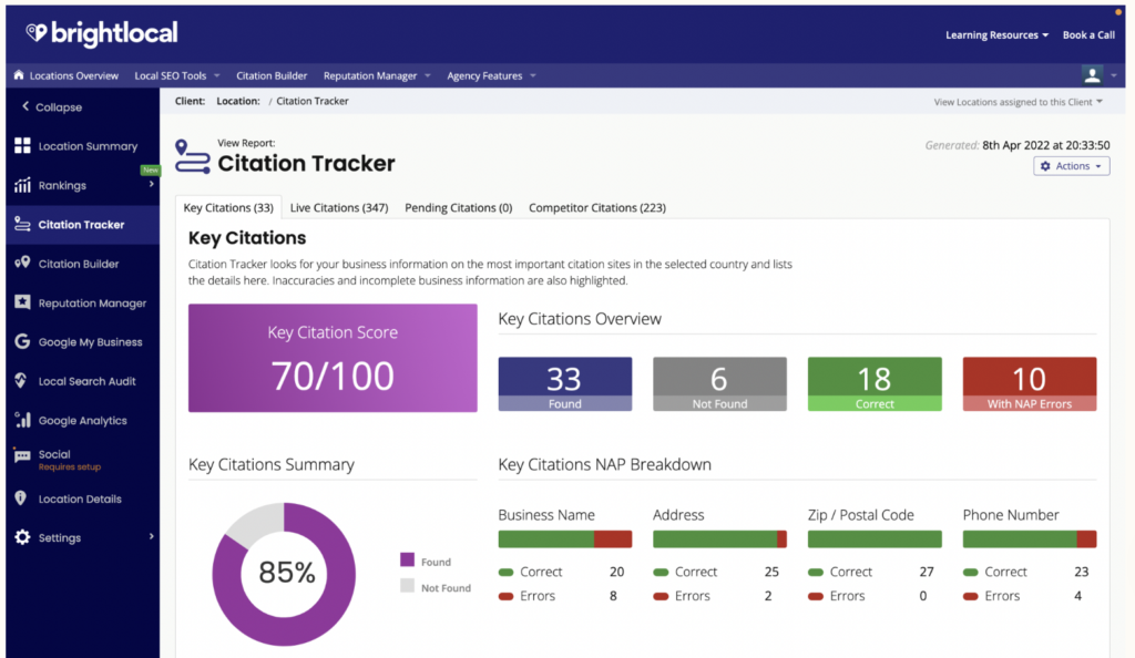 BrightLocal citation tracker - key citations