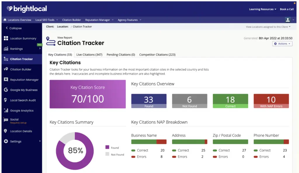 BrightLocal citation tracker - key citations