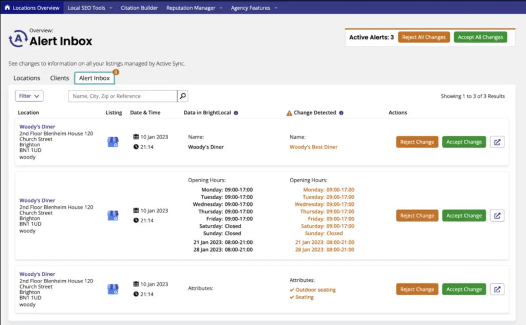 Google Business Profile Management brightlocal - active alerts