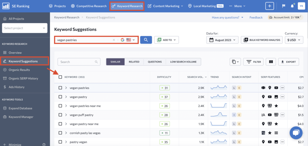 keyword research SE ranking - Keyword Suggestions