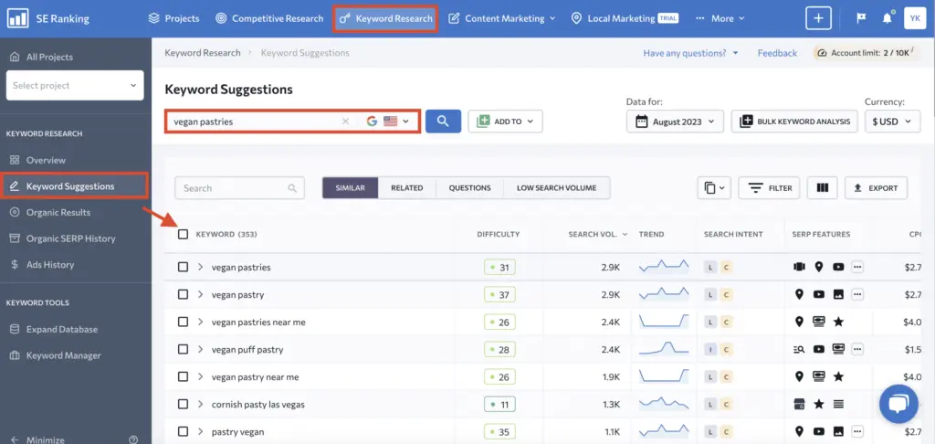 keyword research SE ranking - Keyword Suggestions