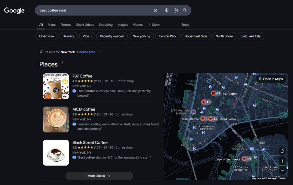 google local search best coffee near new york