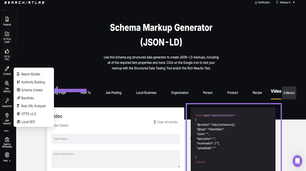 Schema creator for video seo