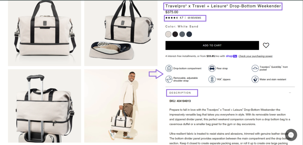 product page elements of an ecommerce website