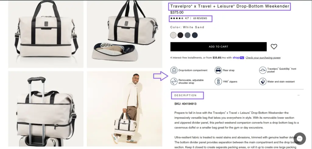 product page elements of an ecommerce website
