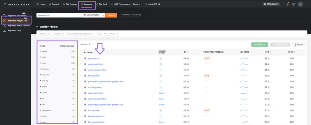 search atlas keyword magic tool interface