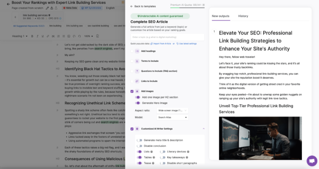 semantic content brief in search atlas content genius tool