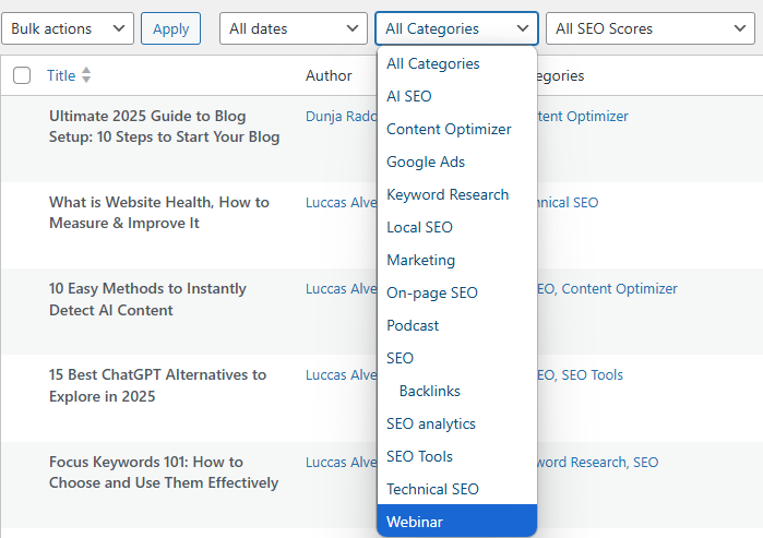 content categories for WordPress