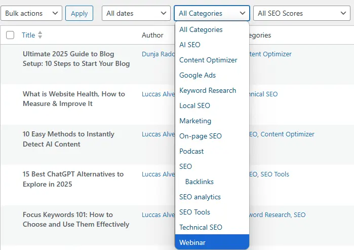 content categories for WordPress