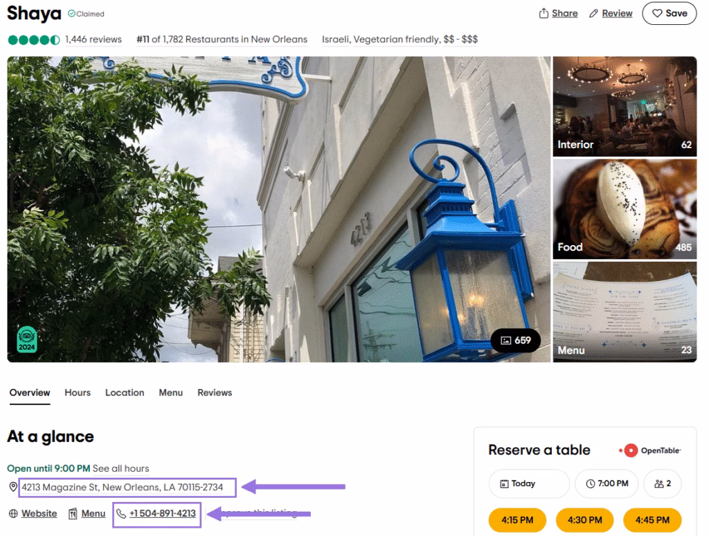a view of NAP information of a restaurant