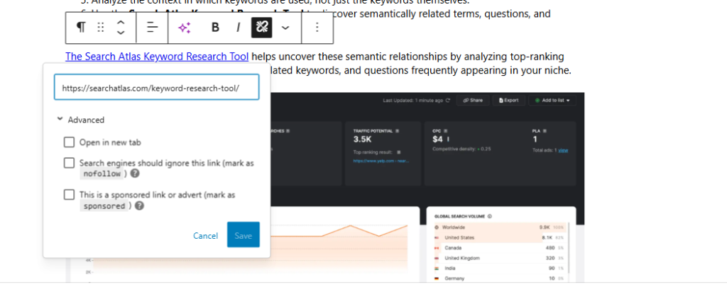 adding an internal link in wordpress