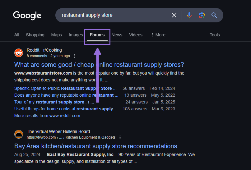 forums results in Google search
