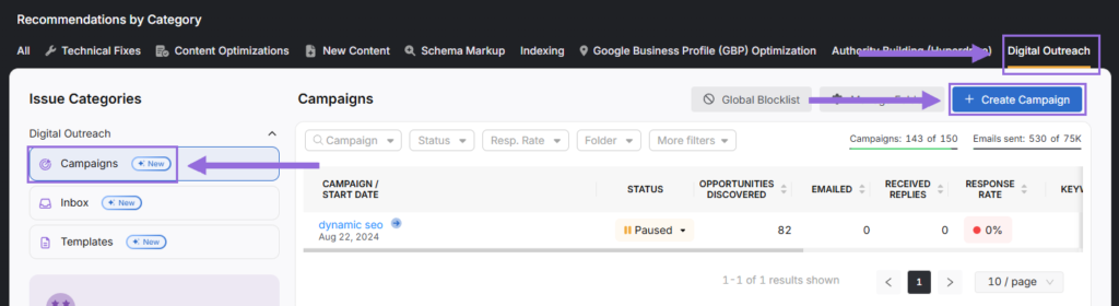campaign feature in OTTO SEO tool