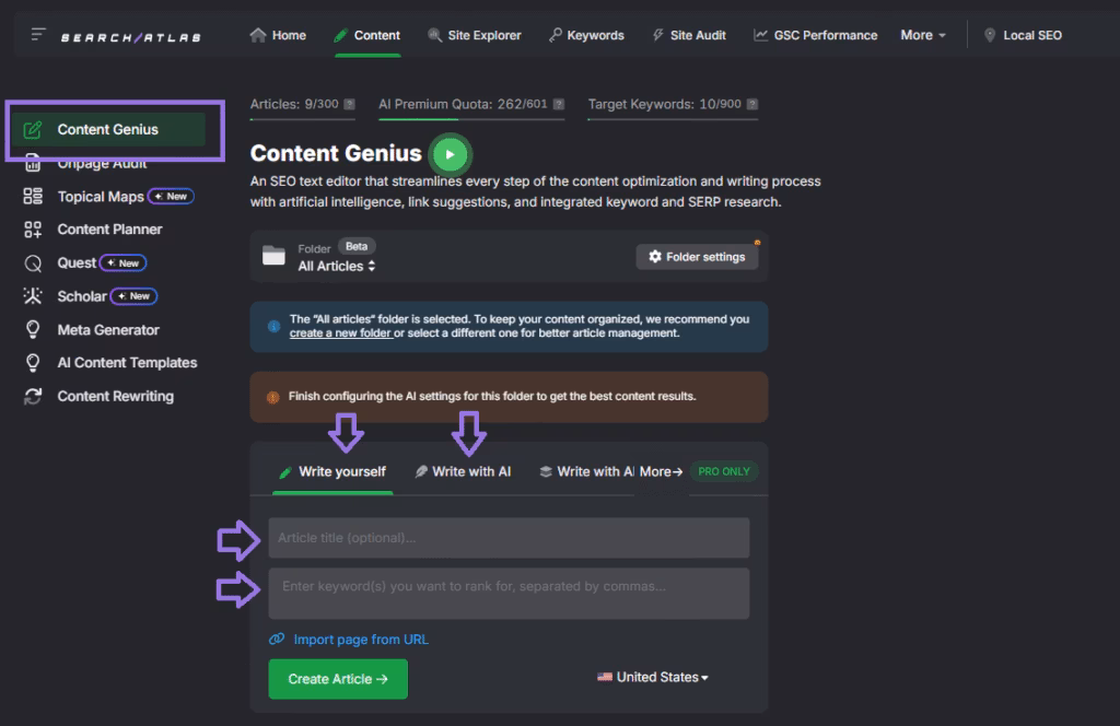SEO content genius tool search atlas