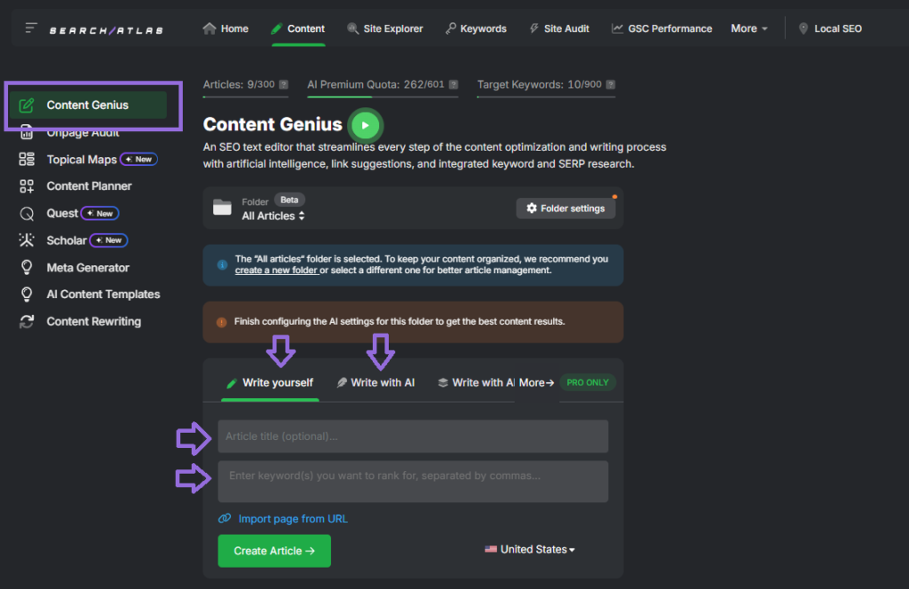 SEO content genius tool search atlas