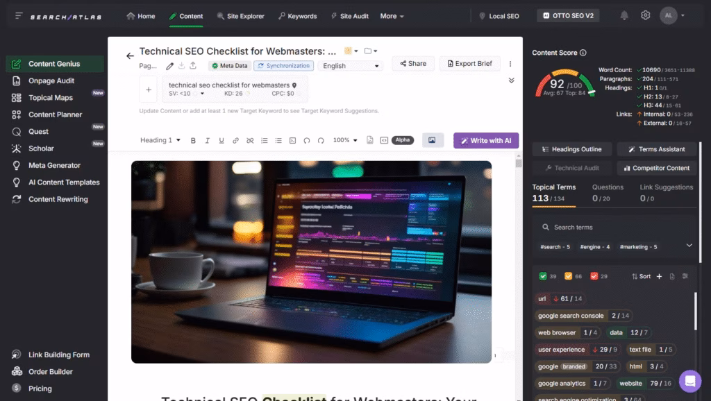 the search atlas content genius tool interface
