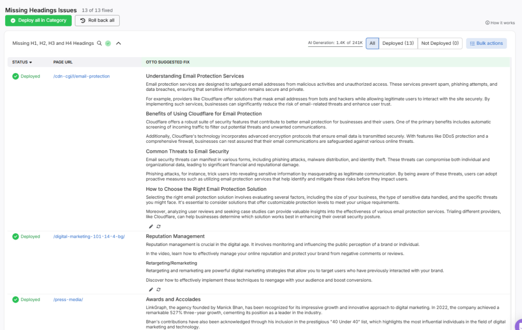 missing headings issues search atlas otto seo tool