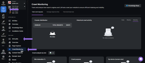 Navigating to crawl monitoring feature