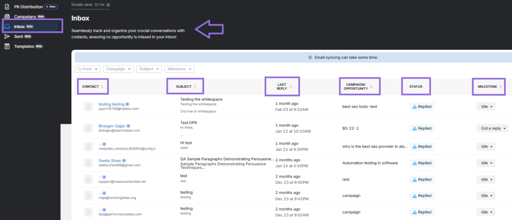 inbox in search atlas digital pr tool