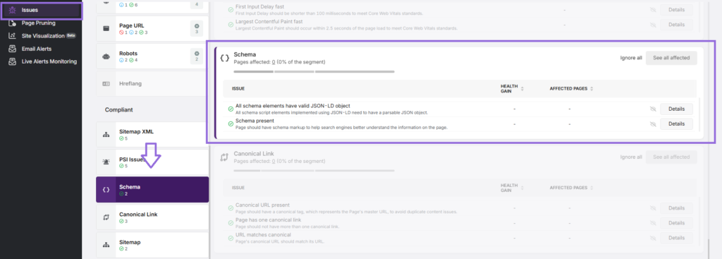 schema issues in search atlas site audit tool