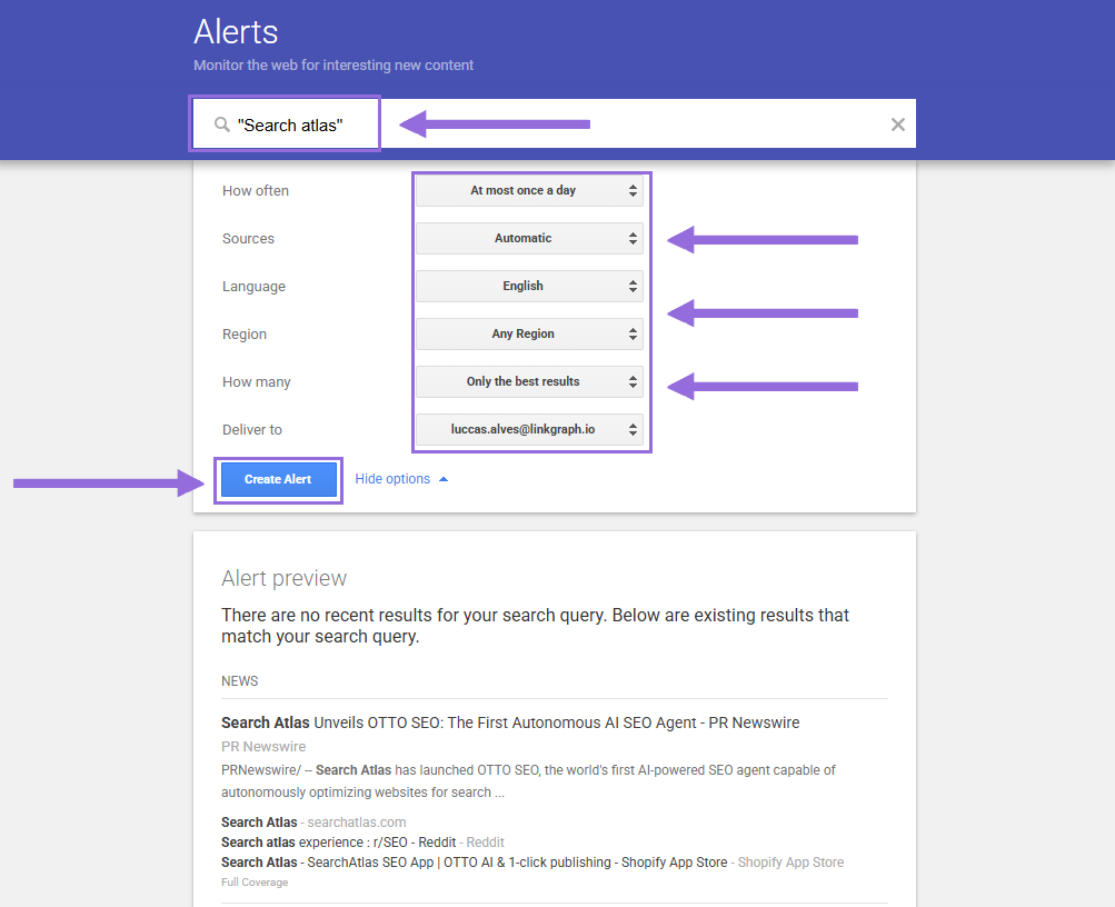 creating setup for google alerts