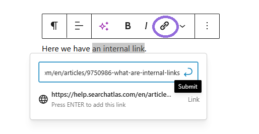 adding an internal link in WP